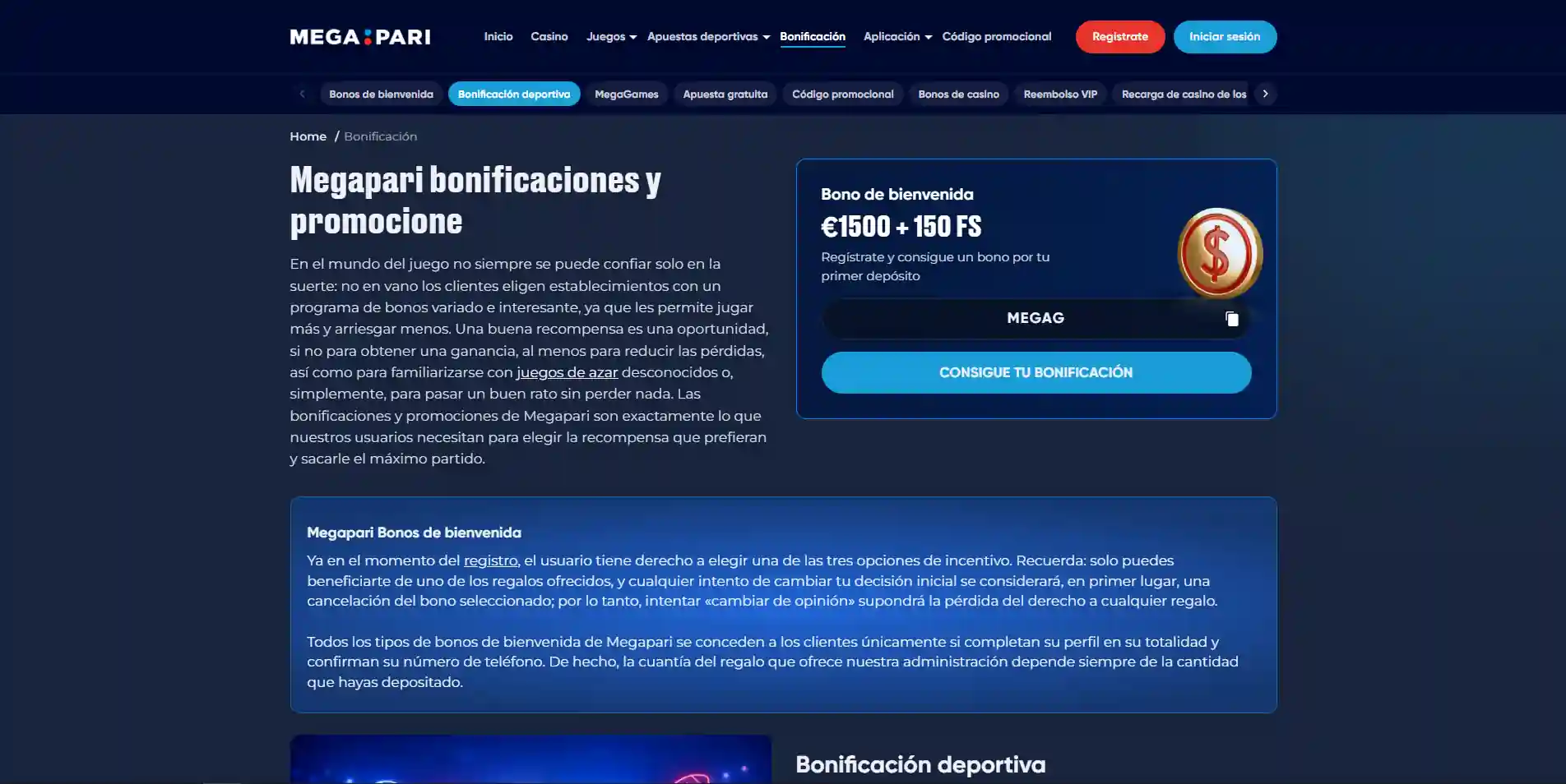 Bono de Megapari: oferta de bienvenida para casino