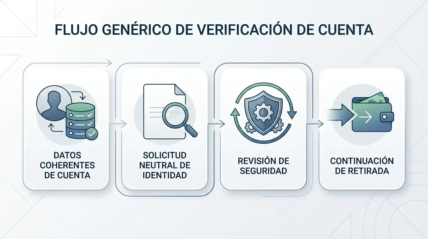 Ilustración neutral del proceso KYC desde los datos de cuenta hasta la revisión de identidad y la continuación de una retirada