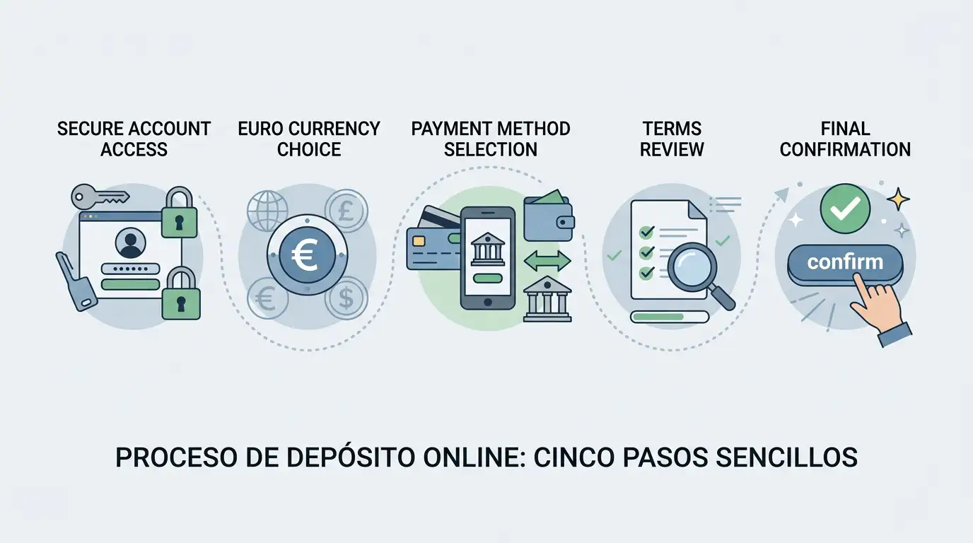 Ilustración editorial de un depósito en cinco etapas: cuenta, moneda, método, revisión de condiciones y confirmación