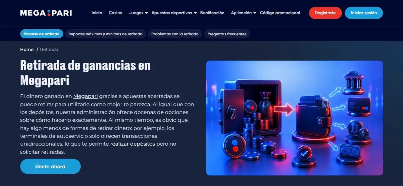 Guía oficial española de Megapari sobre el proceso de retirada, límites y verificación