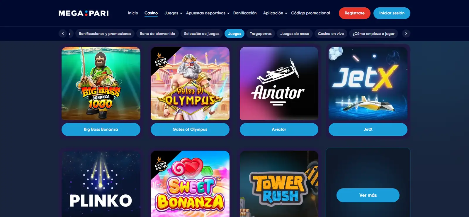 Sección actual de casino en vivo de Megapari con mesas reales visibles en el lobby