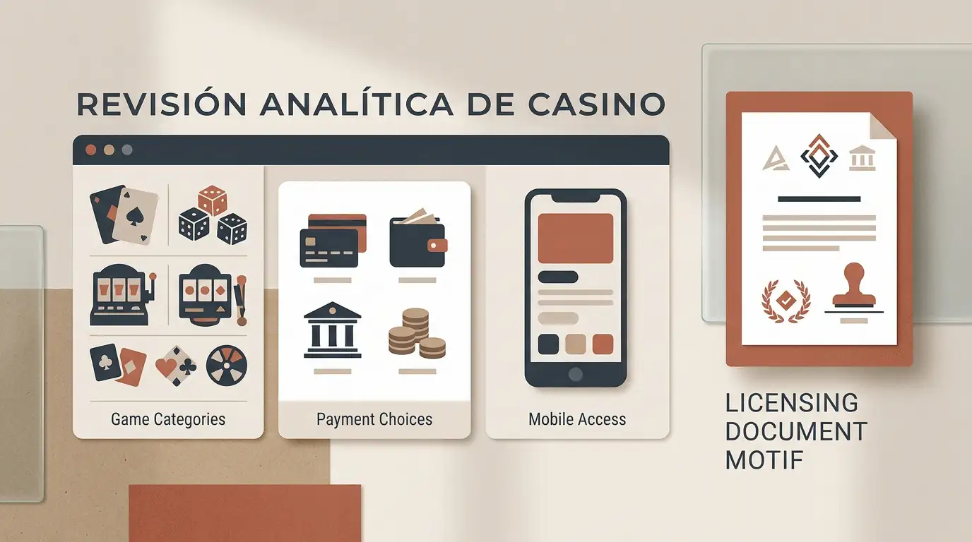 Ilustración editorial de una revisión de casino online con módulos de juegos, pagos, móvil y licencia