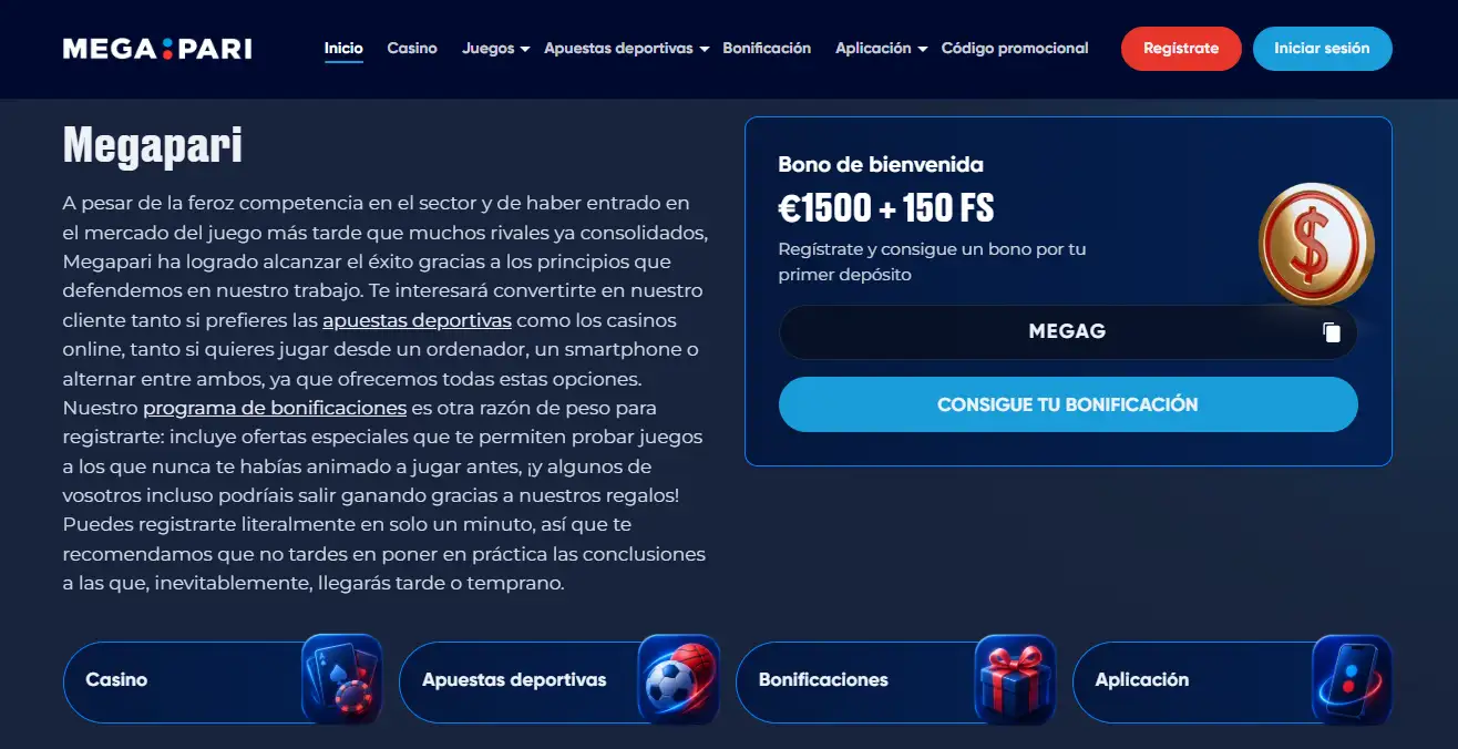 Guía española de Megapari con navegación de casino, bonificación y aplicación móvil