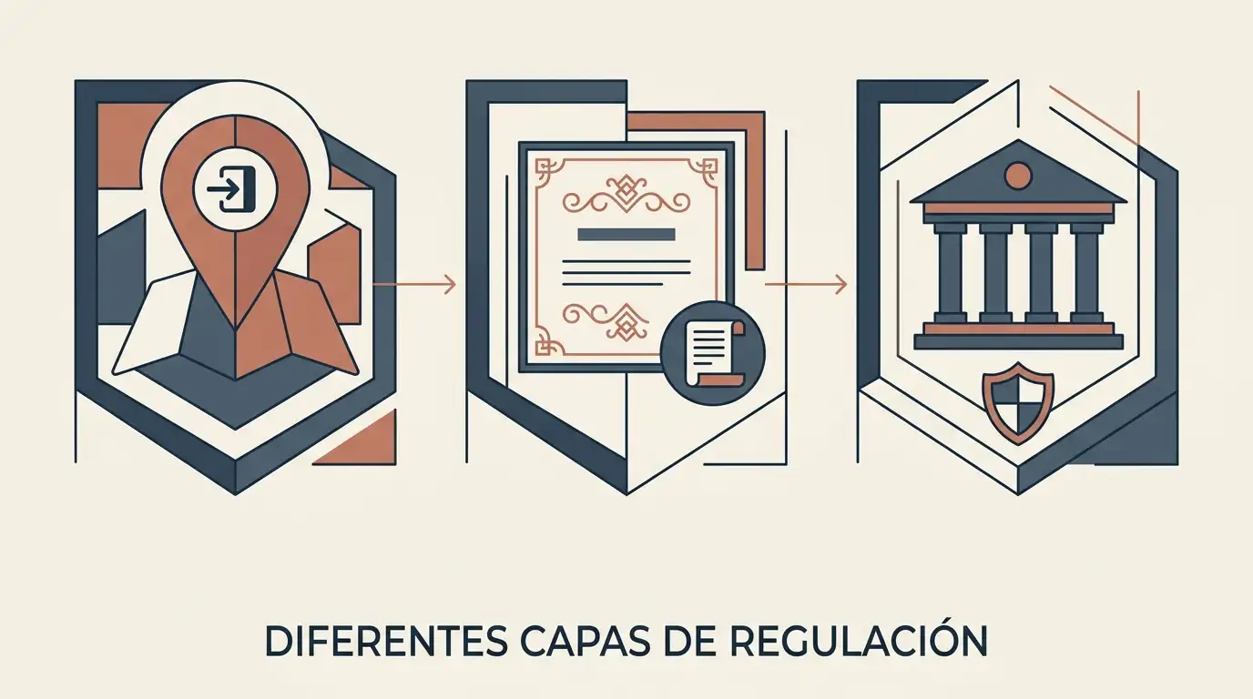 Ilustración de tres capas separadas para disponibilidad en España, licencia internacional y regulación española